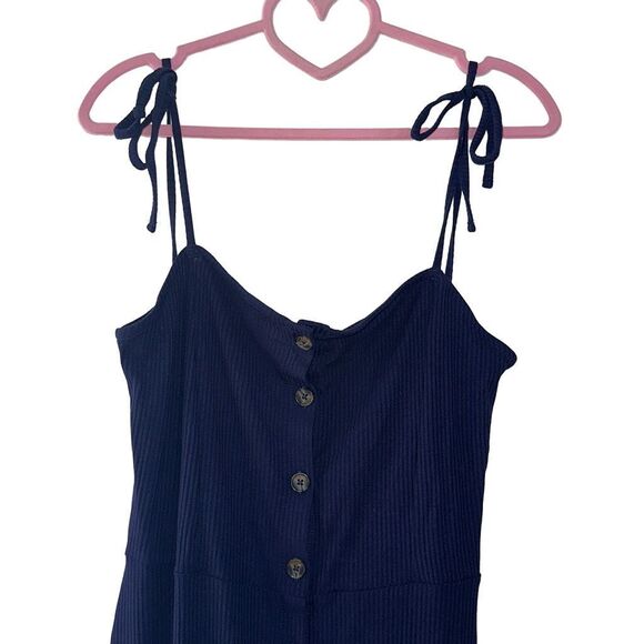 Topshop Navy Blue Button Front Spaghetti Strap Spring Summer Dress | Size 8 - Picture 3 of 5